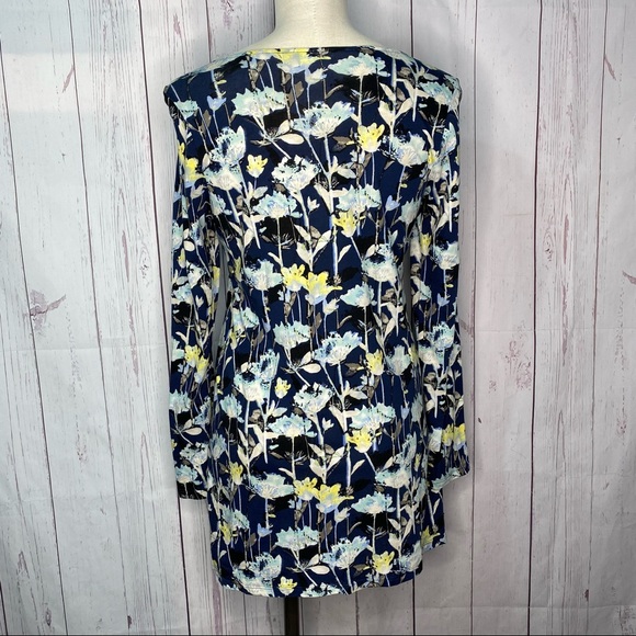 Pure Jill J Jill Small Floral Tunic Long Sleeve Pockets Navy Blue Yellow - Picture 5 of 10